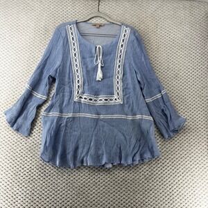 Gibson‎ Latimer Peasant Top Crochet Trim Bell Sleeve Blouse Blue Boho Large